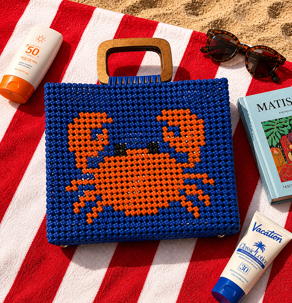 Reef Crab Tote | Handwoven Koodai Bag in Cobalt & Orange