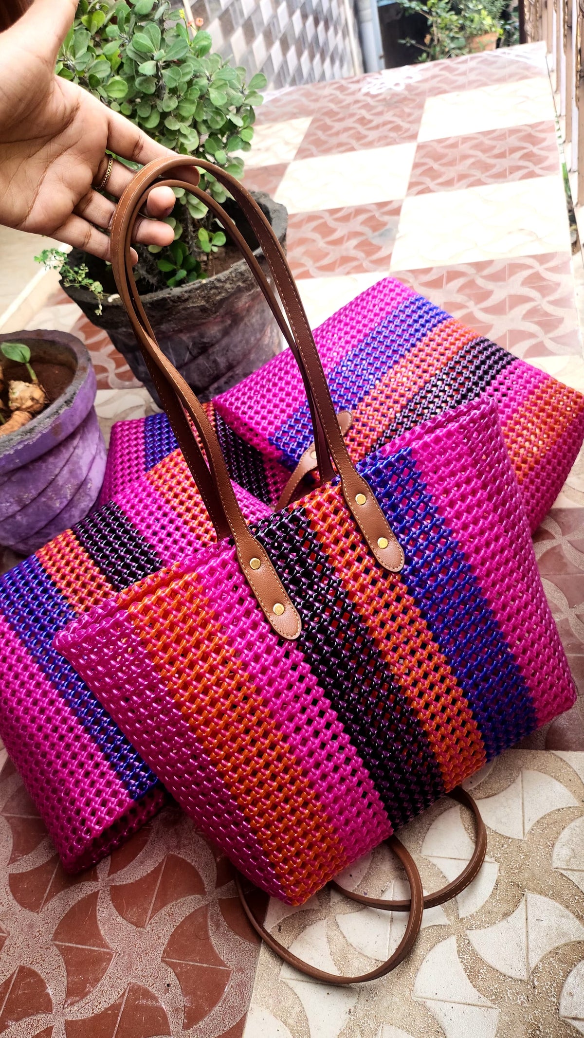 Ramya Market Tote | Handwoven Koodai Bag with Leather Straps