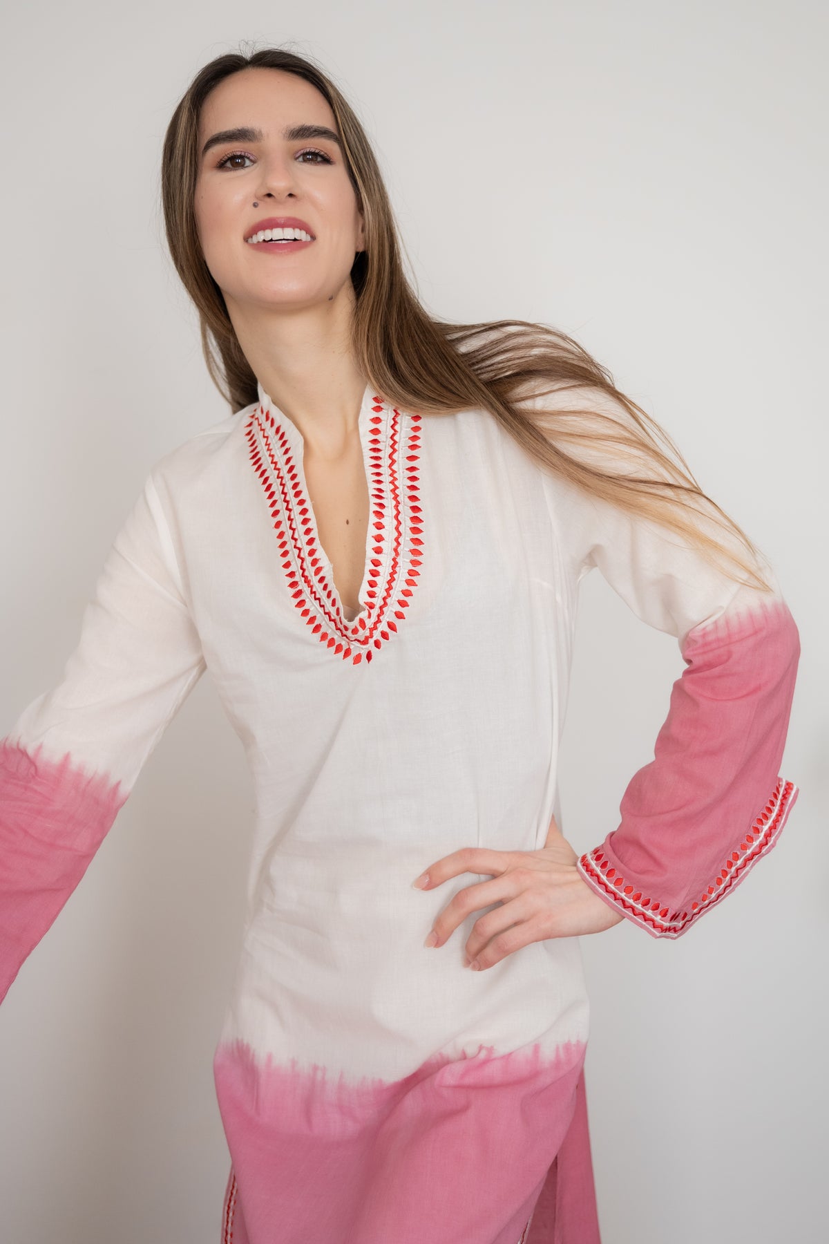 Pink Ombré Embroidered Caftan Cover-Up | Lightweight Cotton Beach Kaftan