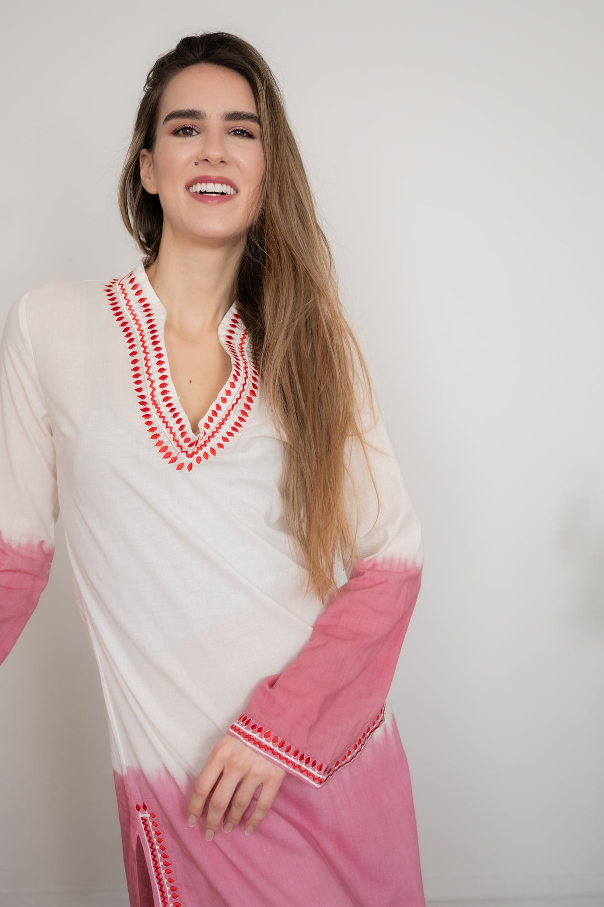 Pink Ombré Embroidered Caftan Cover-Up | Lightweight Cotton Beach Kaftan