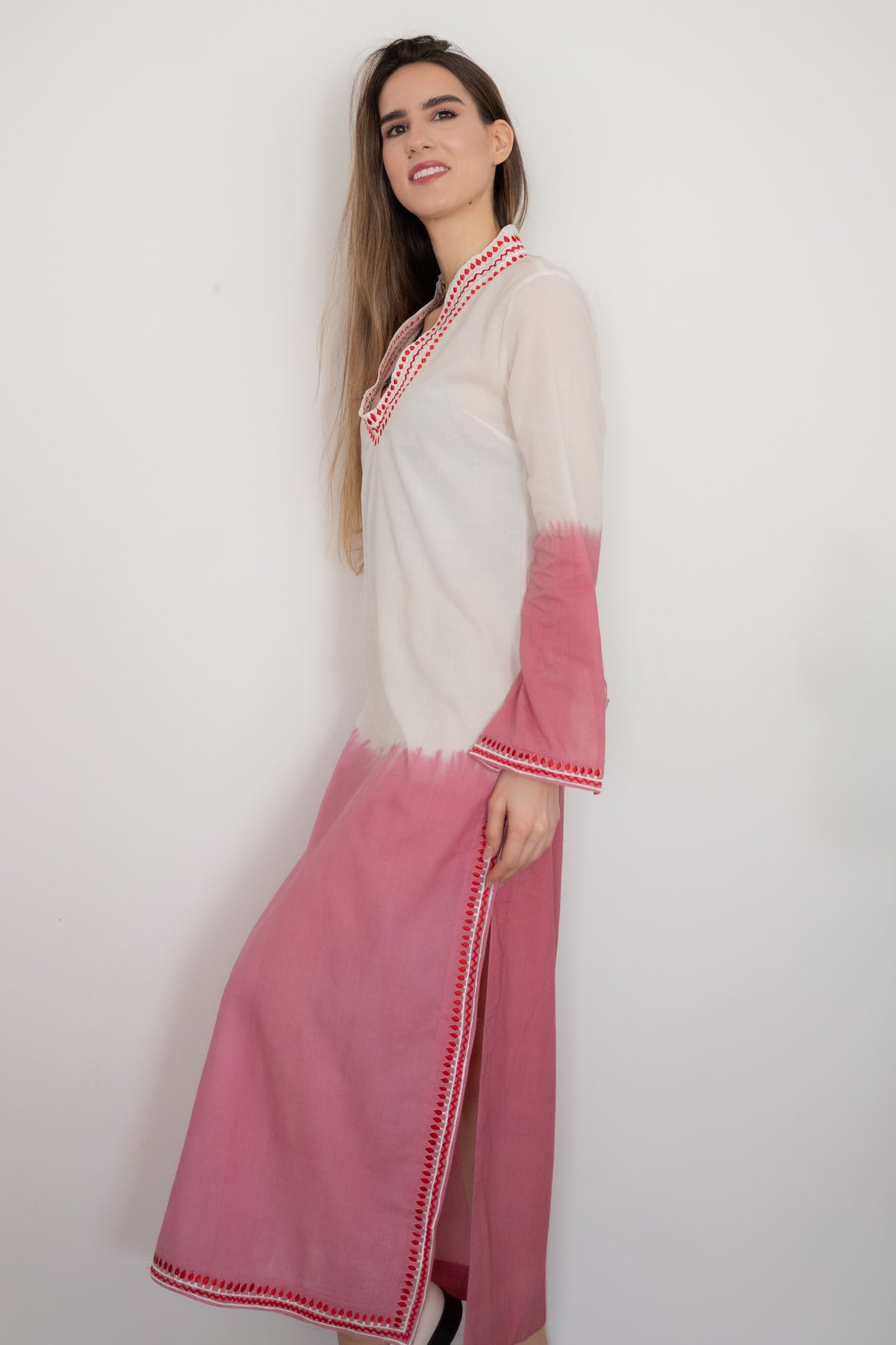 Pink Ombré Embroidered Caftan Cover-Up | Lightweight Cotton Beach Kaftan