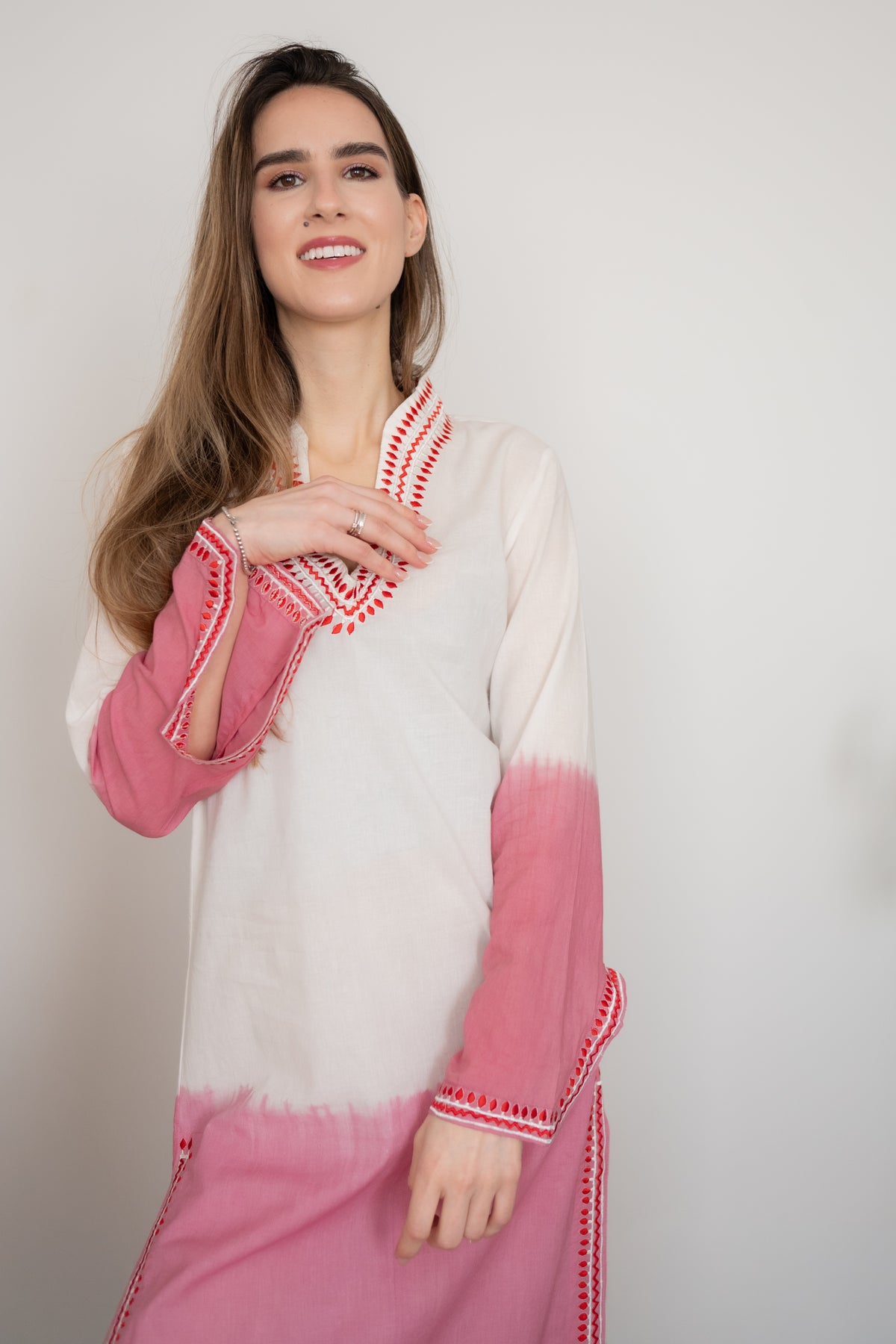 Pink Ombré Embroidered Caftan Cover-Up | Lightweight Cotton Beach Kaftan