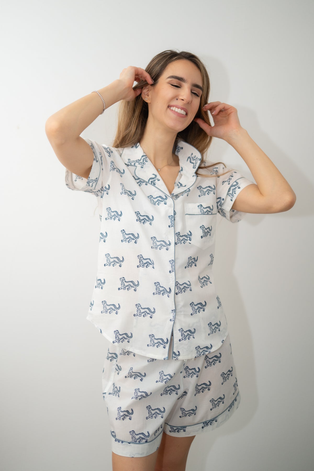 Short Pajama Sets - Blue/Gray Dancing Tiger