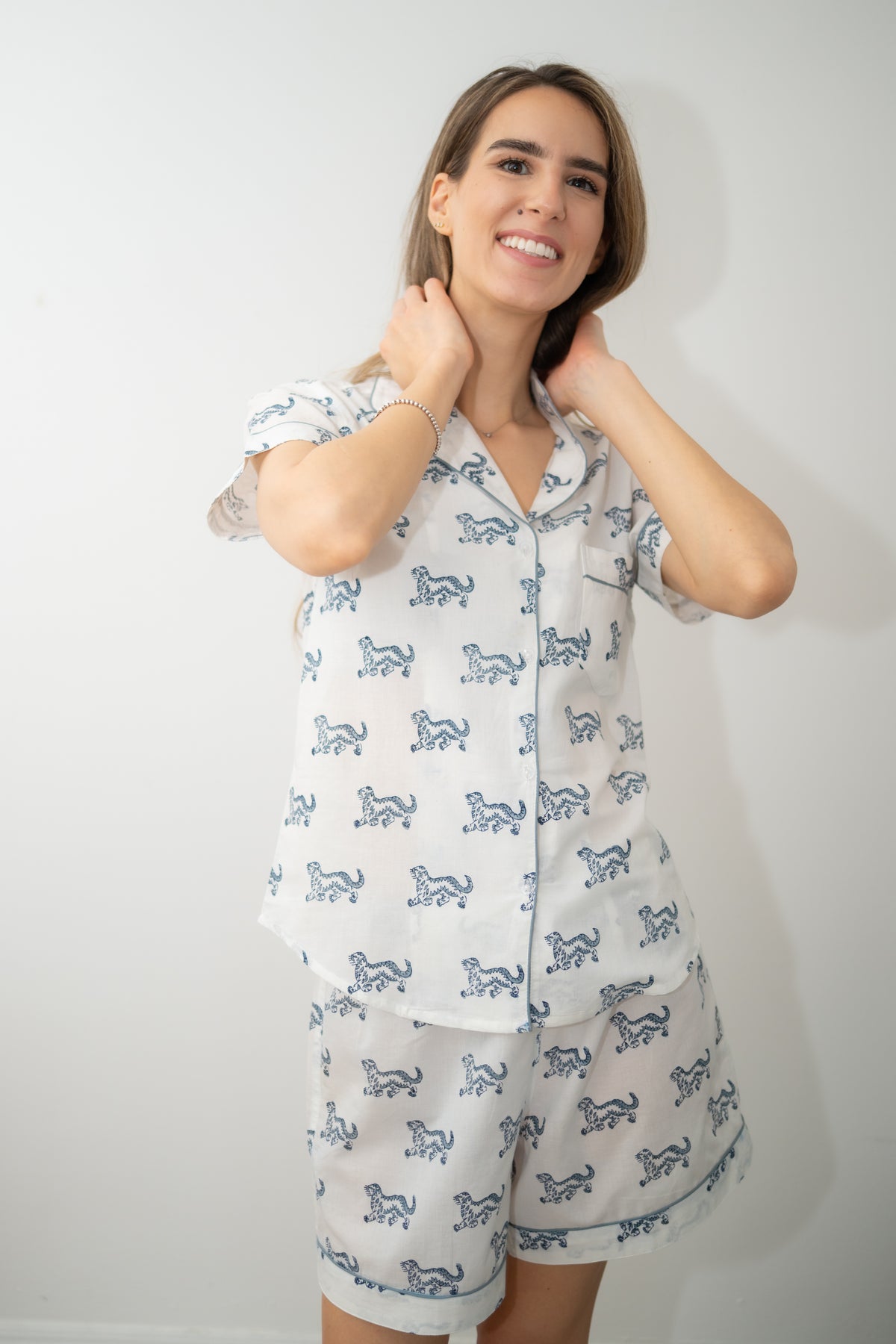 Short Pajama Sets - Blue/Gray Dancing Tiger