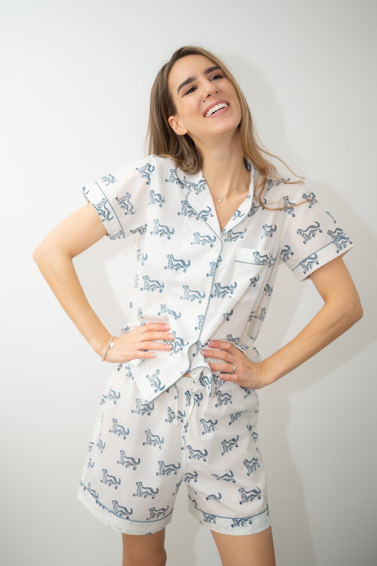 Short Pajama Sets - Blue/Gray Dancing Tiger
