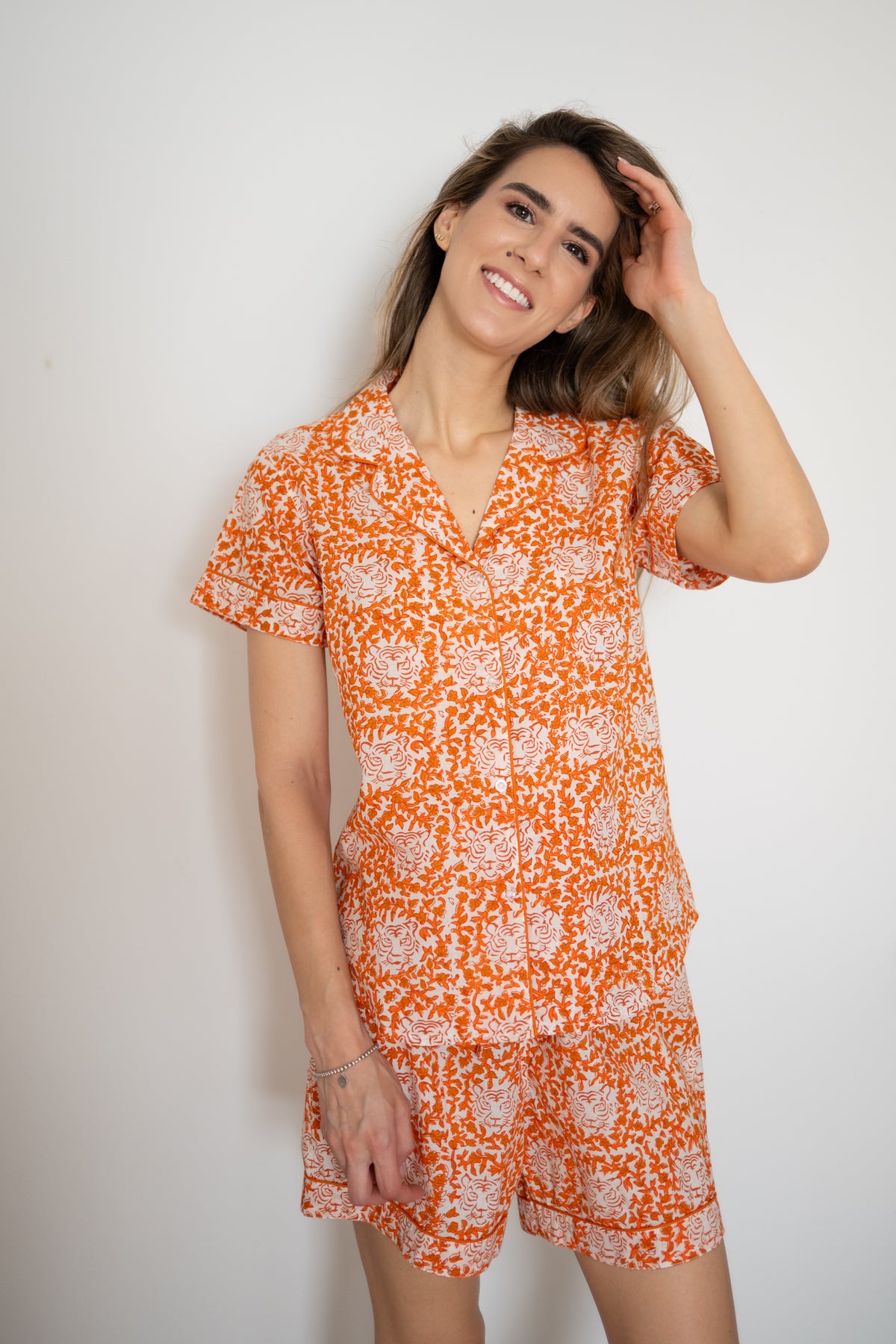 Short Pajama Sets - Tiger Flowers (Orange)