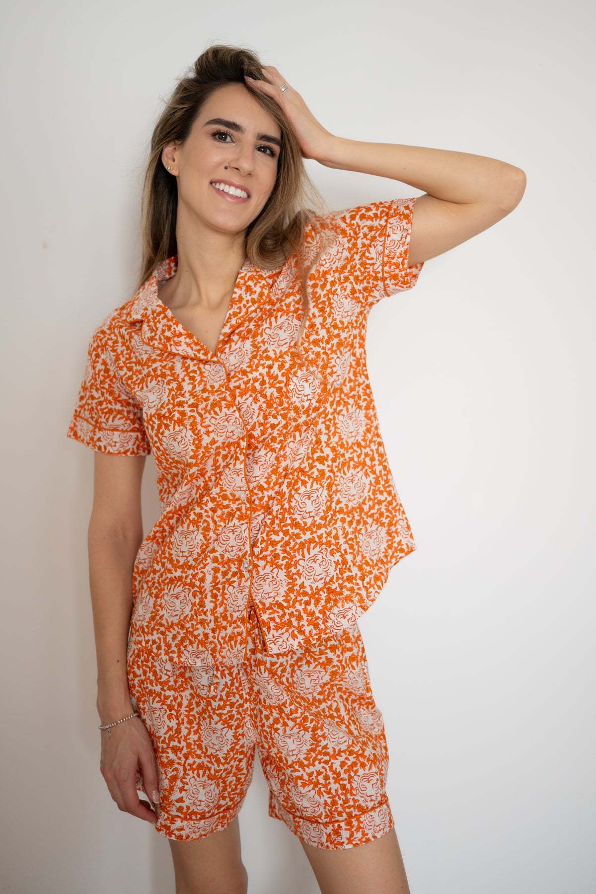 Short Pajama Sets - Tiger Flowers (Orange)