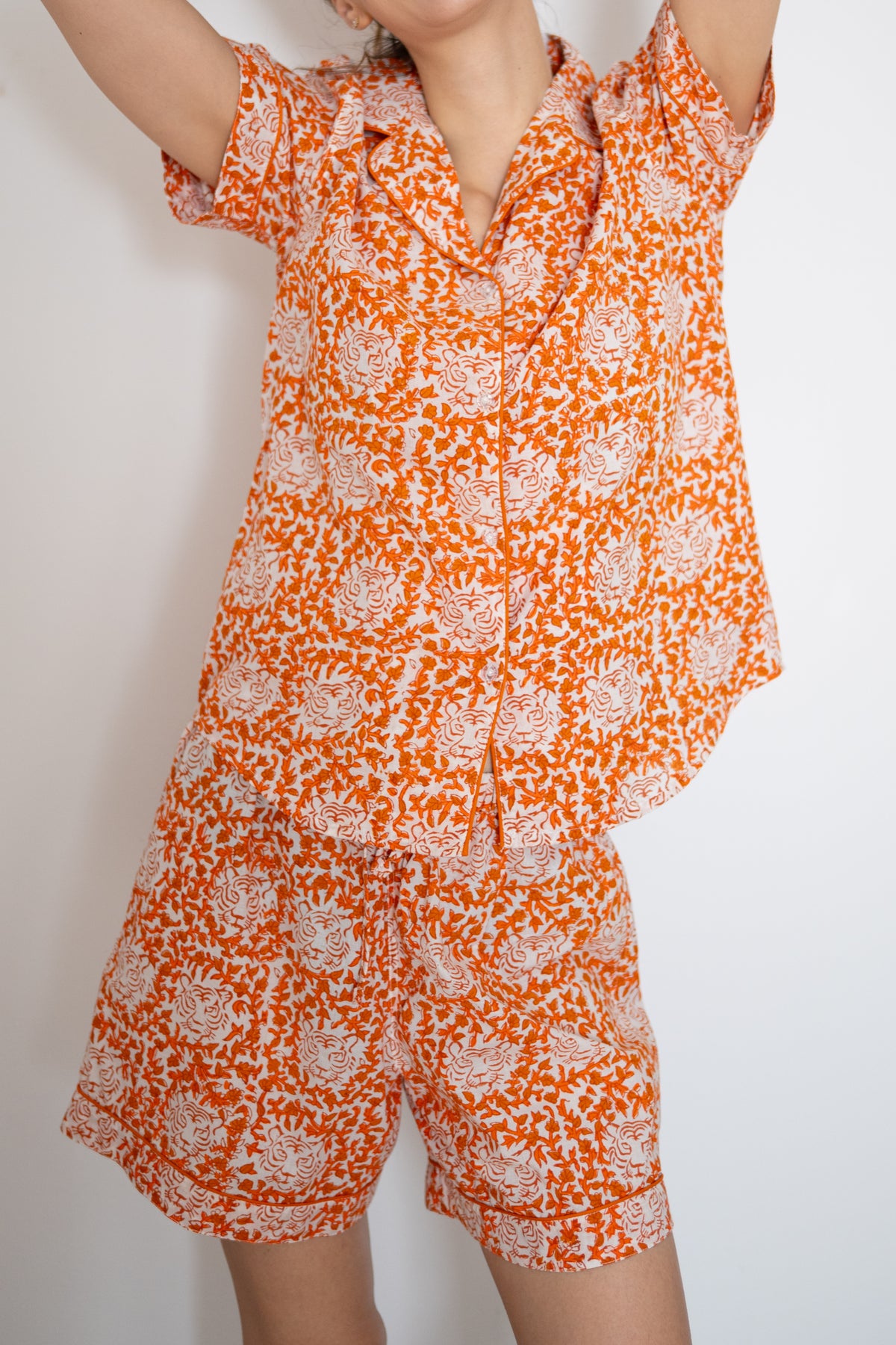 Short Pajama Sets - Tiger Flowers (Orange)