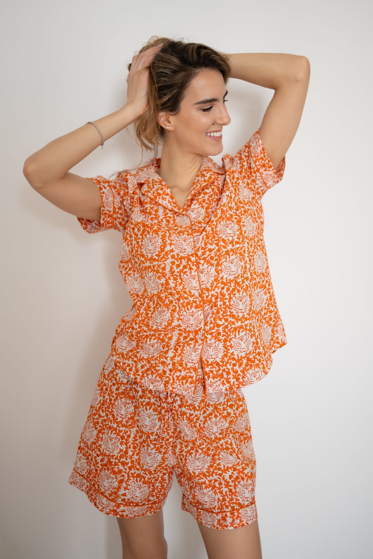 Short Pajama Sets - Tiger Flowers (Orange)