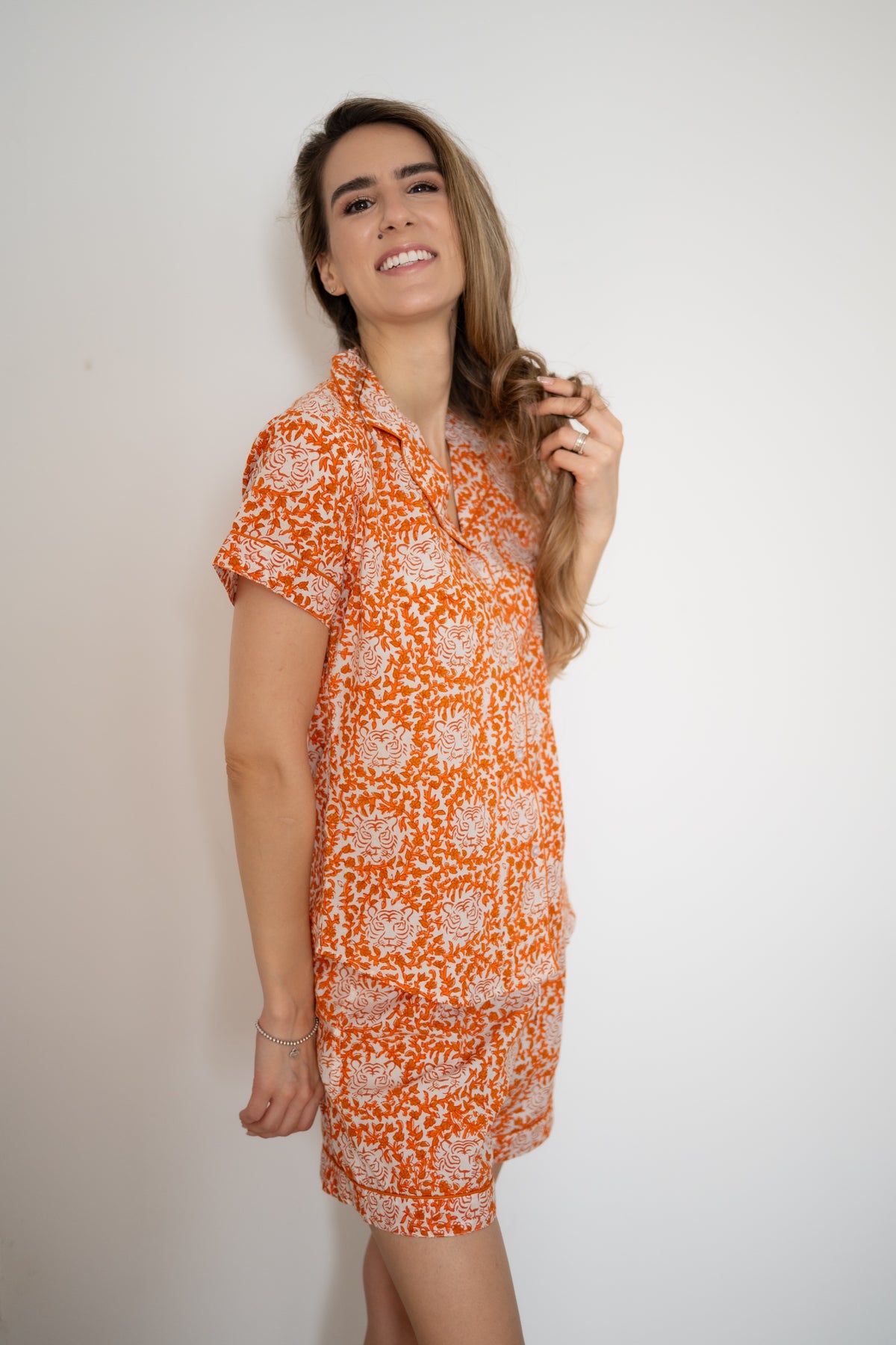 Short Pajama Sets - Tiger Flowers (Orange)