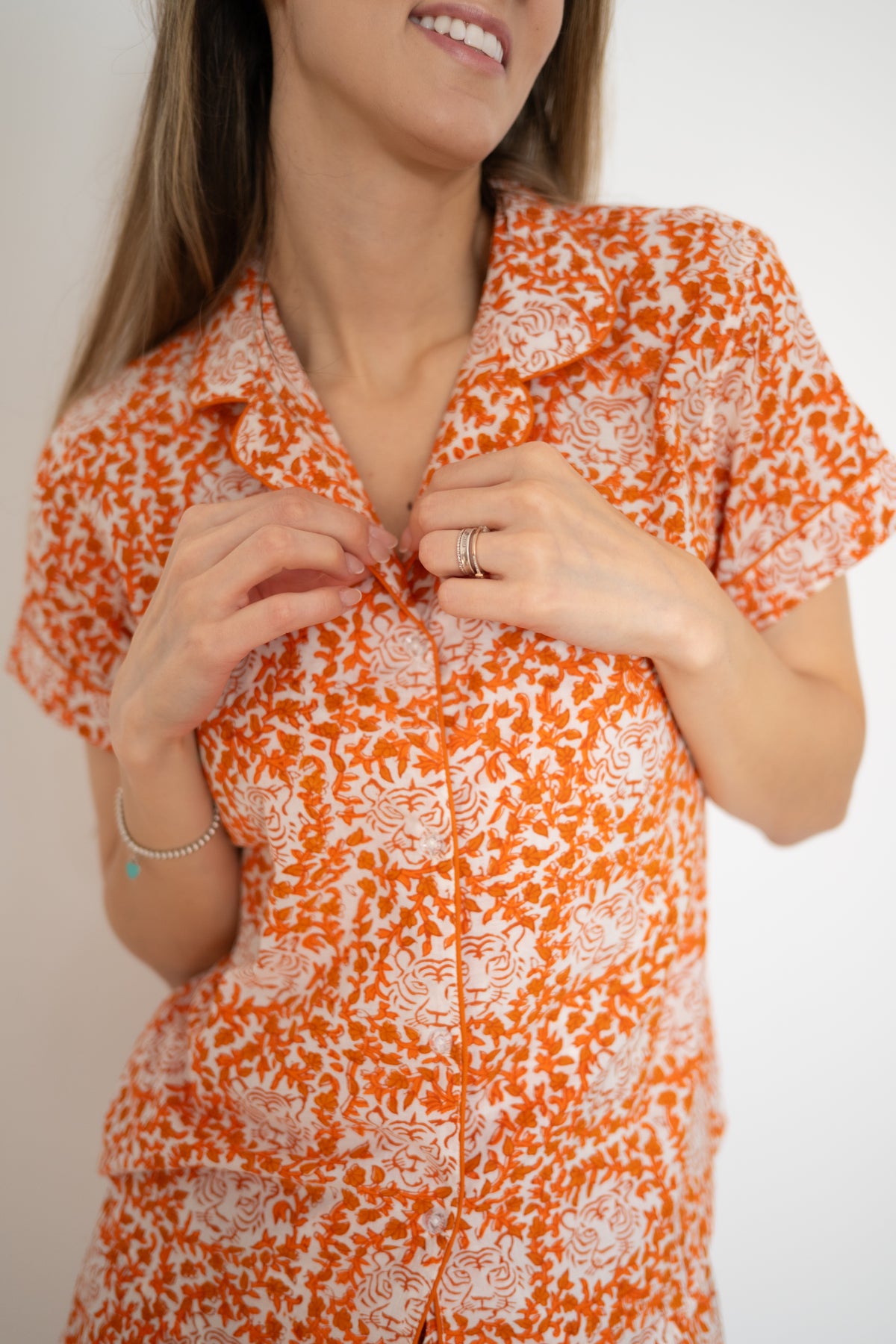 Short Pajama Sets - Tiger Flowers (Orange)