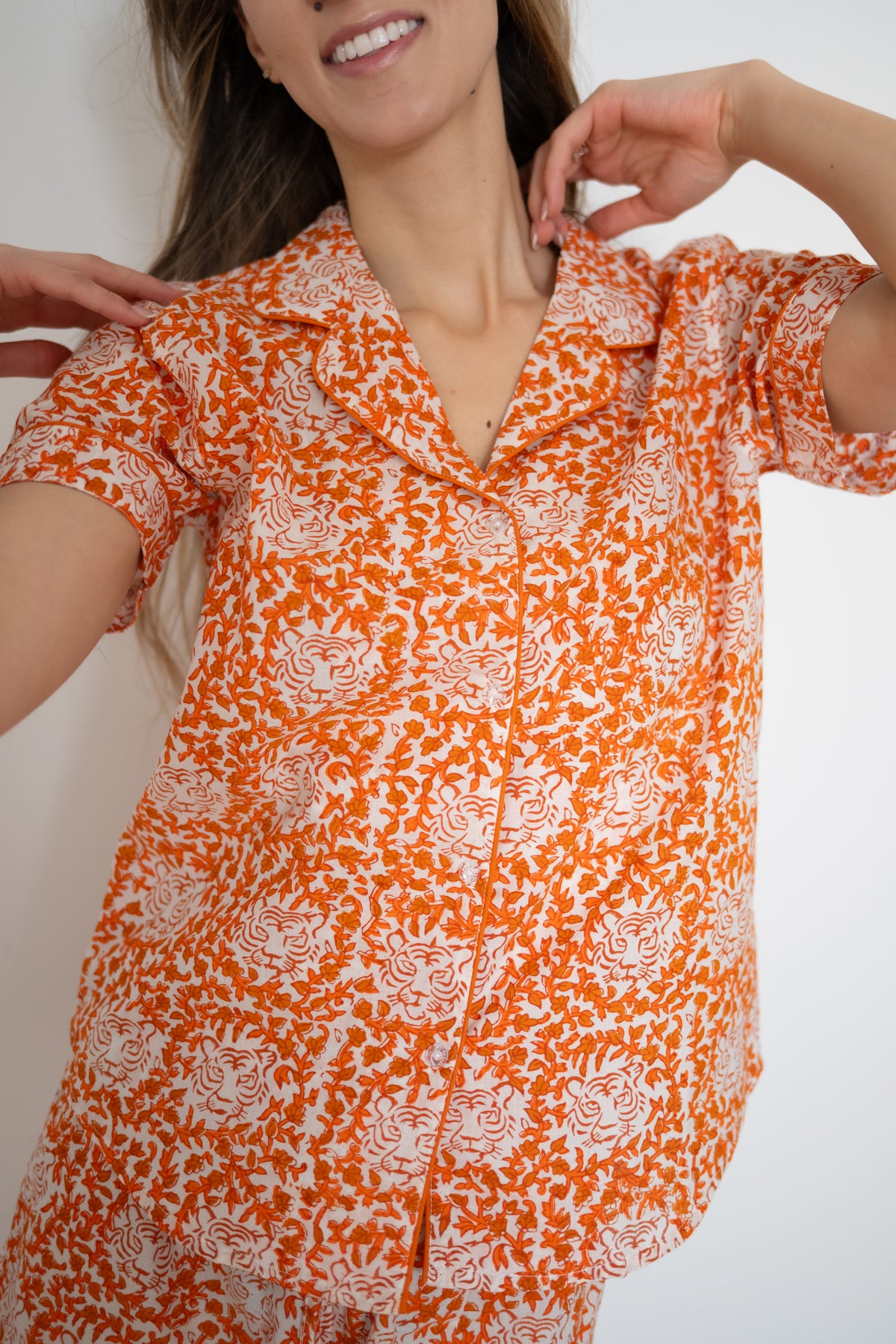 Short Pajama Sets - Tiger Flowers (Orange)