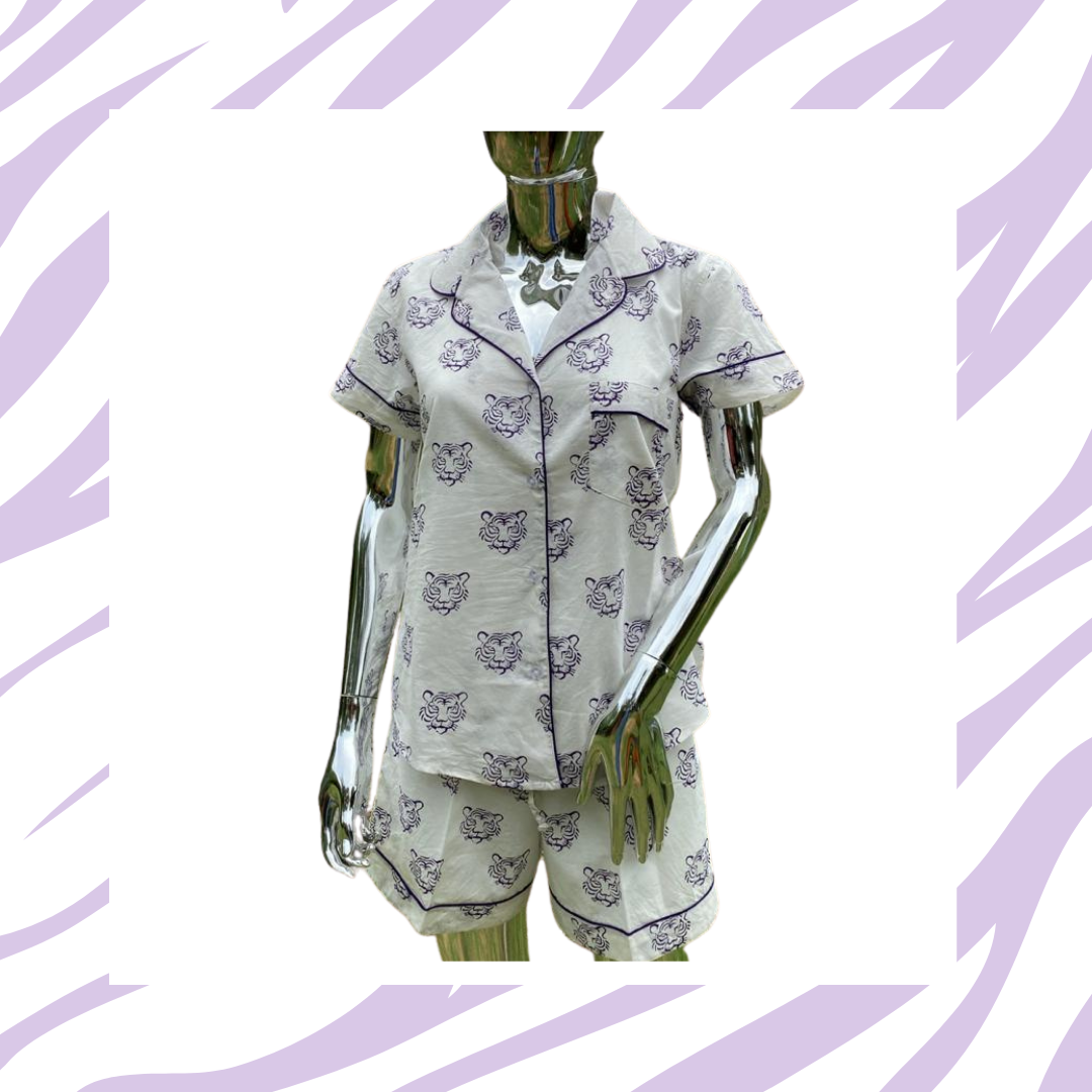 Short Pajama Sets - Purple Tiger Face