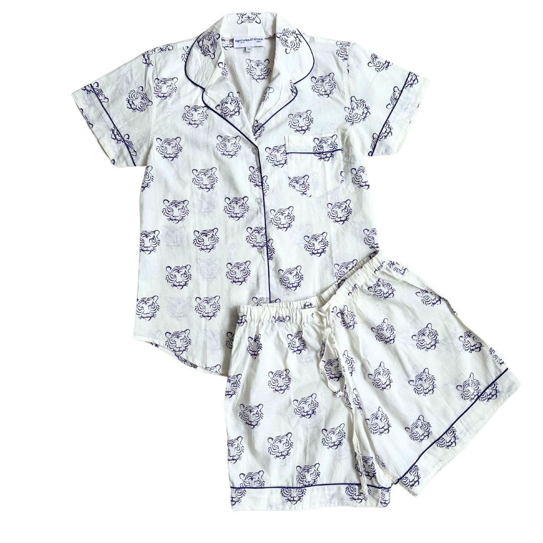 Short Pajama Sets - Purple Tiger Face